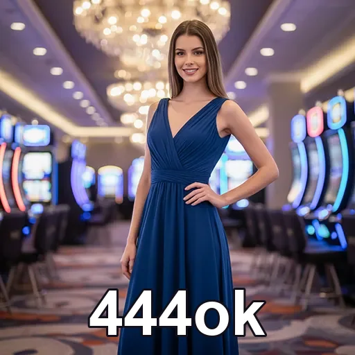 Mulher usando vestido azul elegante em um cassino, destaque do site 444ok.